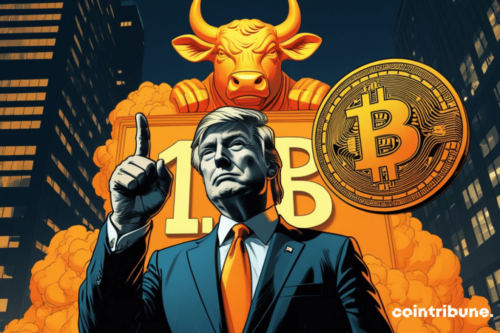 Trump en Wall Street posando frente a un toro de bitcoin