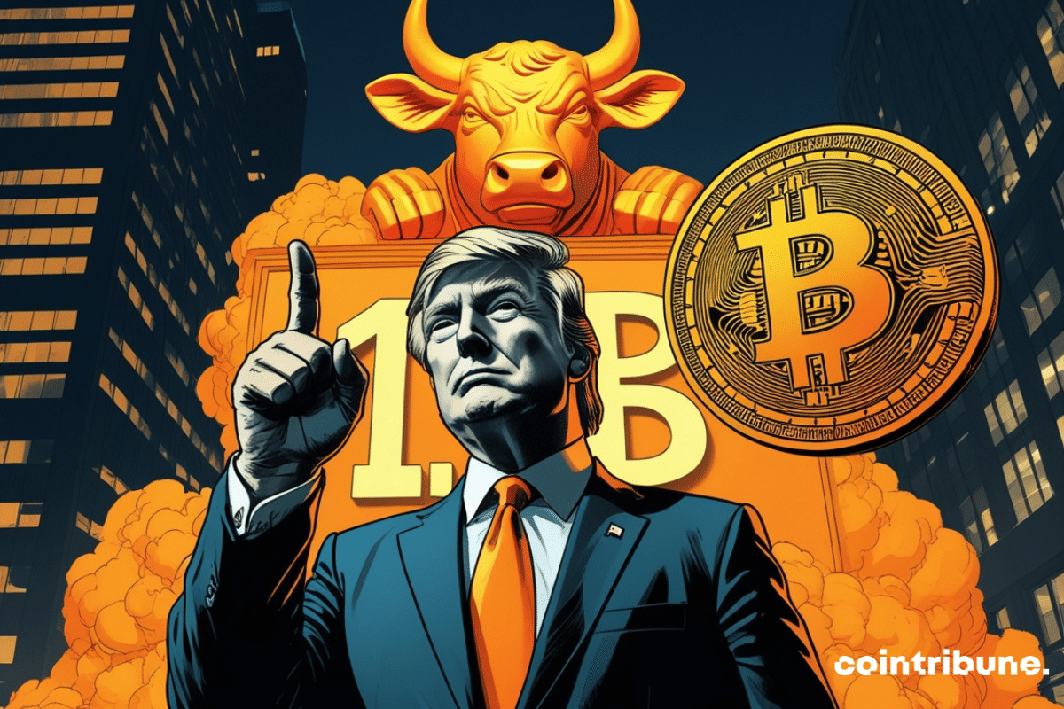 Trump on Wall Street posing in front of a bull bitcoin