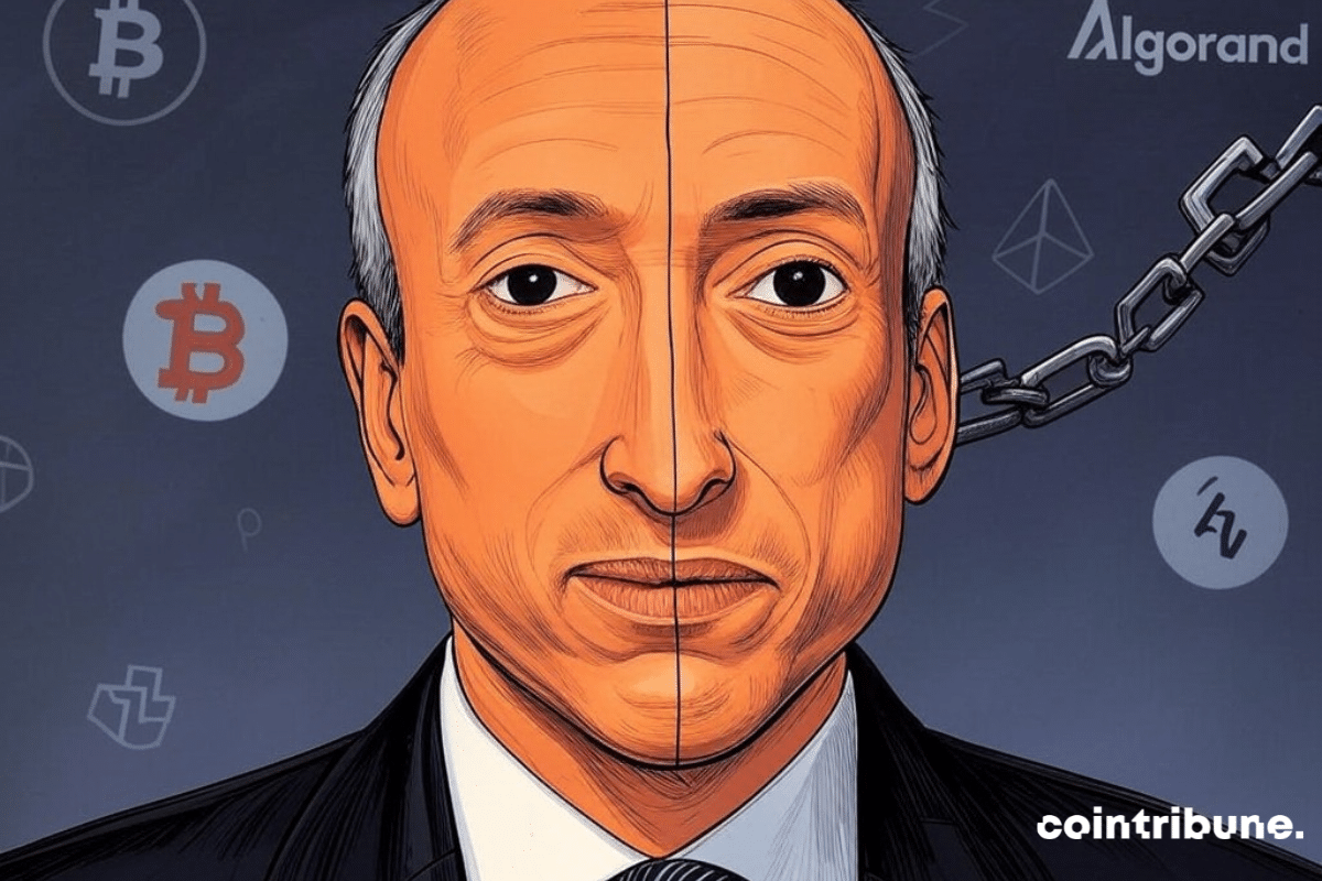 Portrait de Gary Gensler et logos de cryptos