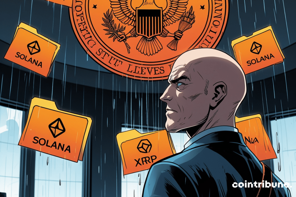 Illustraiton de Gary Gensler sortant des bureaux de la SEC et pluie de dossiers crypto