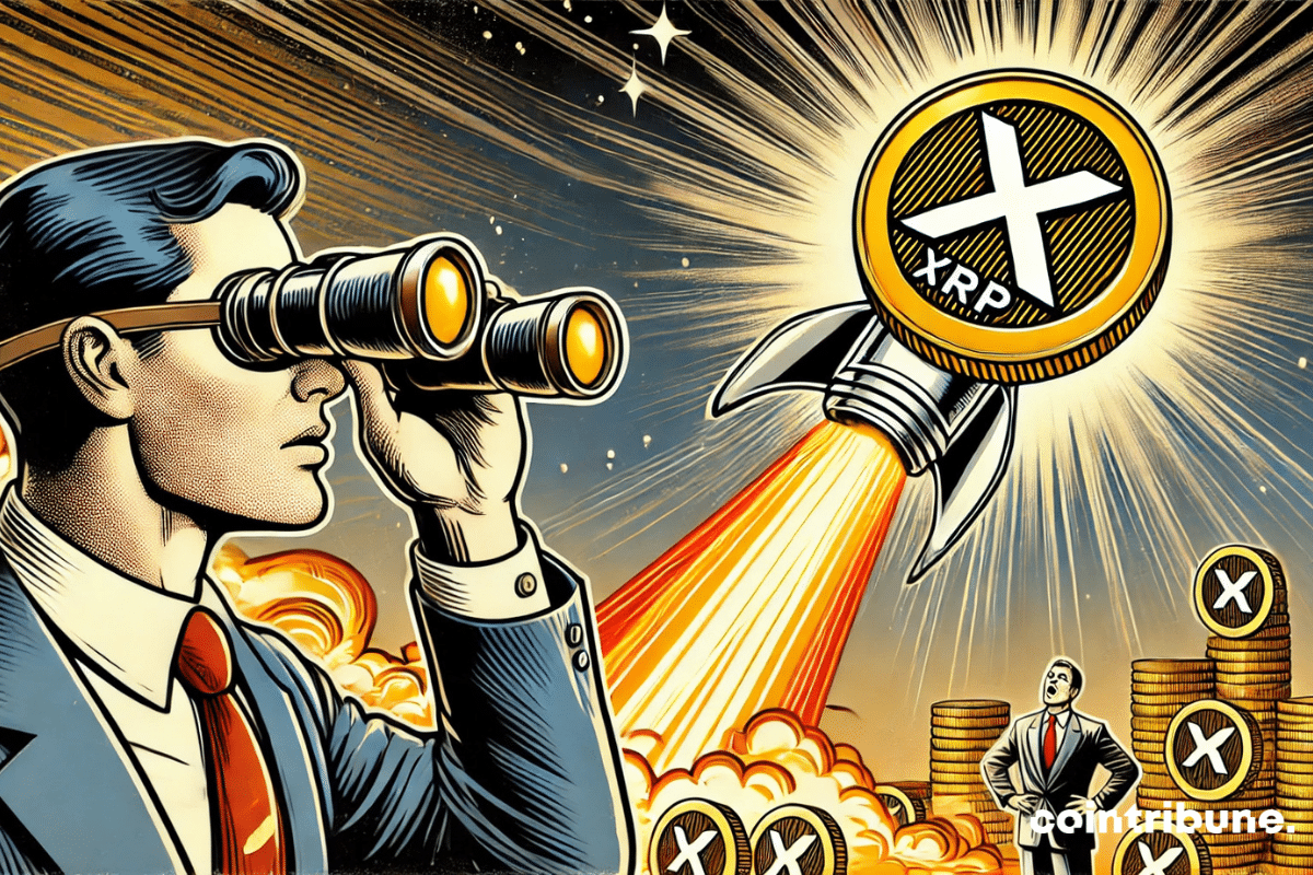 Trader armed with binoculars watching an XRP rocket take off