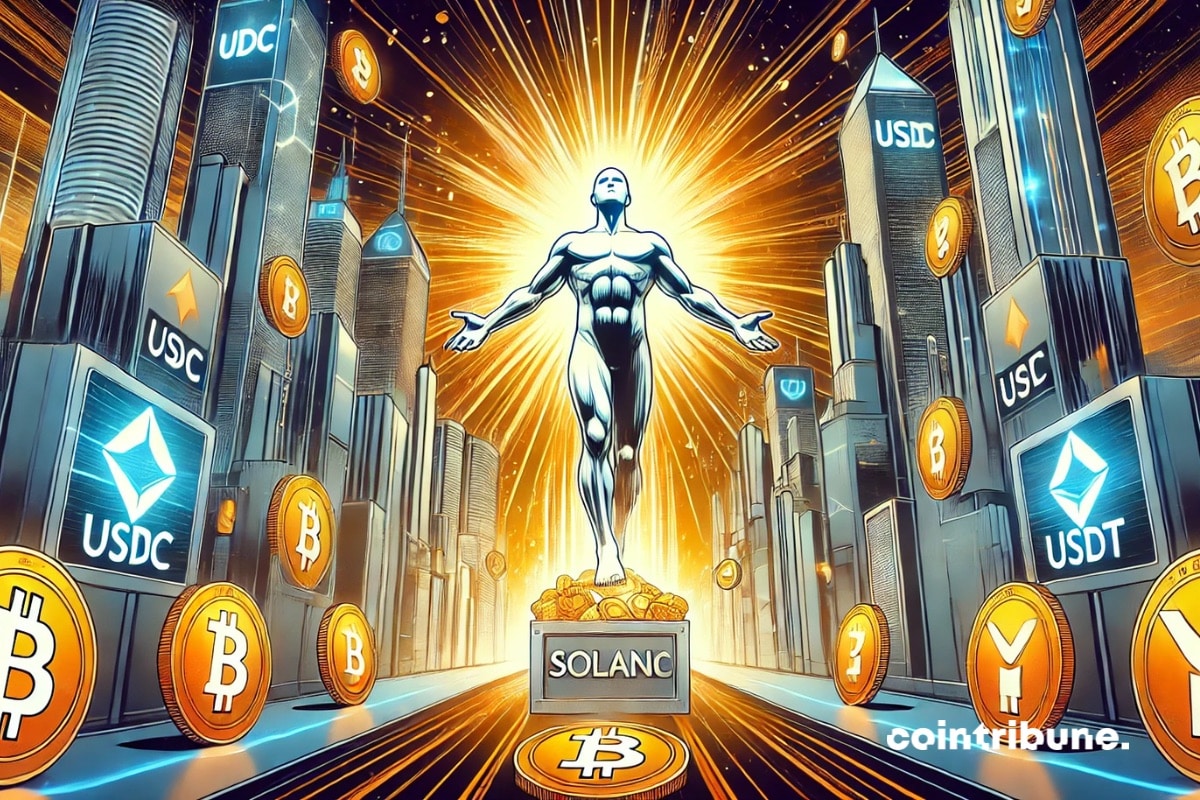 A futuristic city representing a crypto ecosystem, with a shiny humanoid representing Solana raising a chest overflowing with coins.