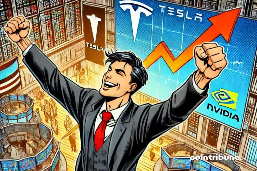 Triunfal subida de los índices económicos con una vista de pájaro de la ajetreada bolsa de Wall Street, un sonriente comerciante levantando los brazos en señal de triunfo, los logotipos de Tesla y Nvidia de fondo.