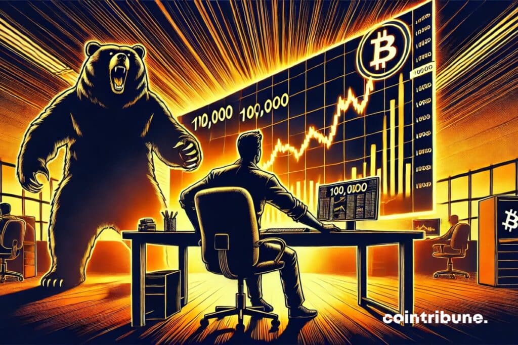 A trader in front of a giant screen displaying a graph of bitcoin rising towards 0,000, with a menacing bear next to him.