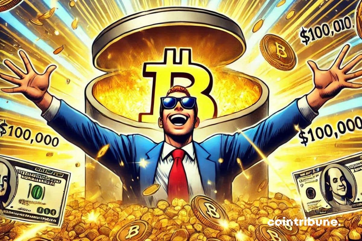 Close-up of an exploding safe, releasing Bitcoin coins. A euphoric trader, sunglasses and bright smile, reaching for the raining coins.