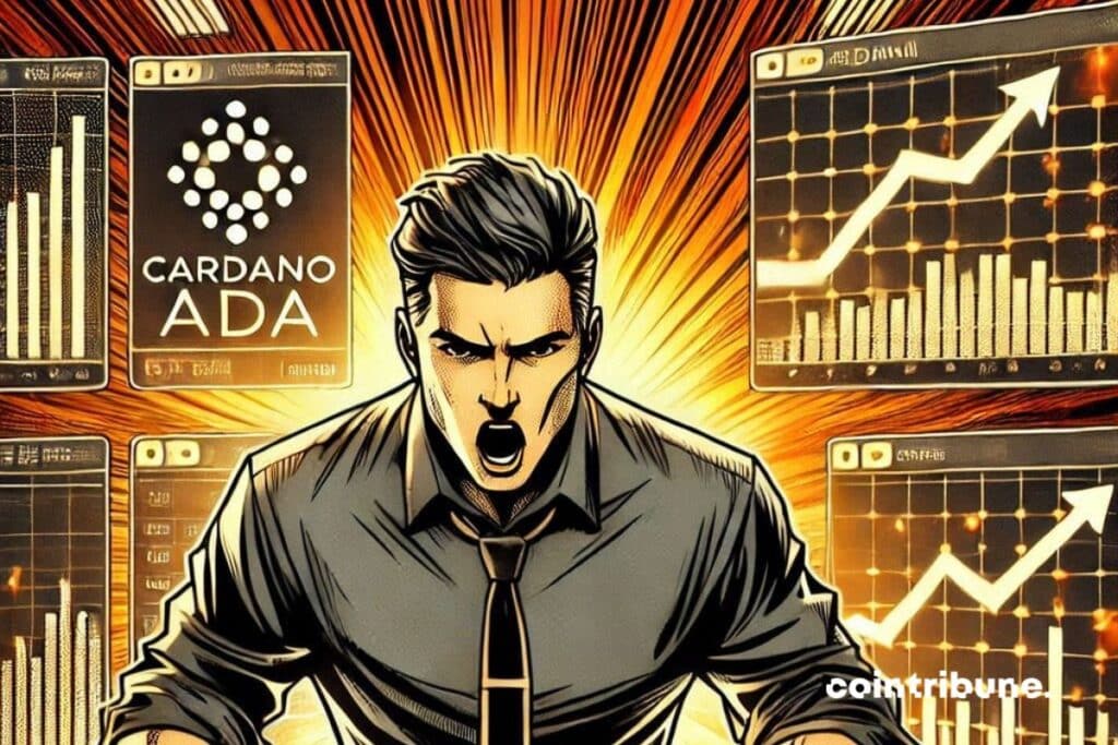 Un trader crypto en action dans un bureau de trading avec des écrans affichant des courbes montantes et le logo de Cardano (ADA)