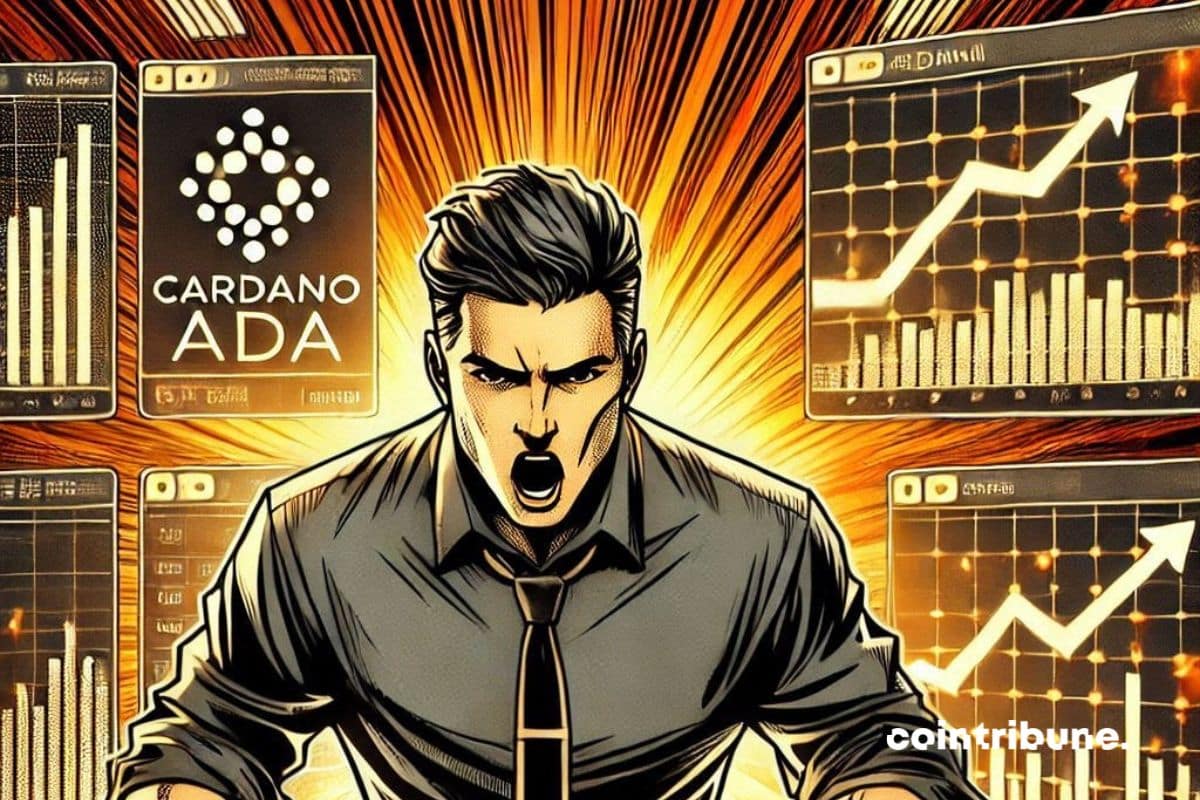 A crypto trader in action in a trading office with screens displaying rising curves and the Cardano (ADA) logo.