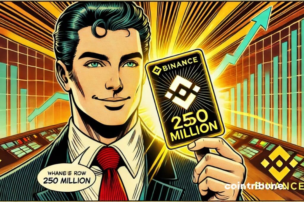 A confident crypto investor holding a bright Binance card, with the number 250 million on it. Digital background with rising charts.