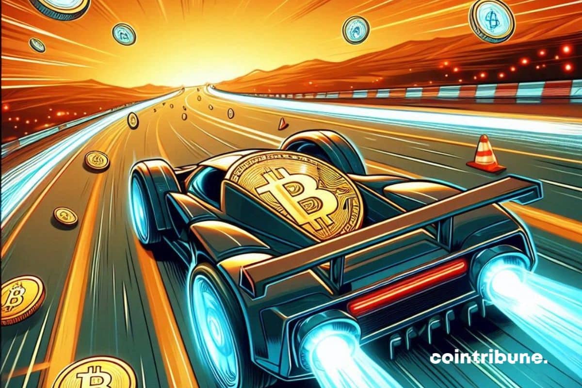 Un bitcoin au volant d’une voiture de course de course, roulant à toute vitesse avec une traînée lumineuse et des pièces de monnaie qui s’éparpillent sur la route.