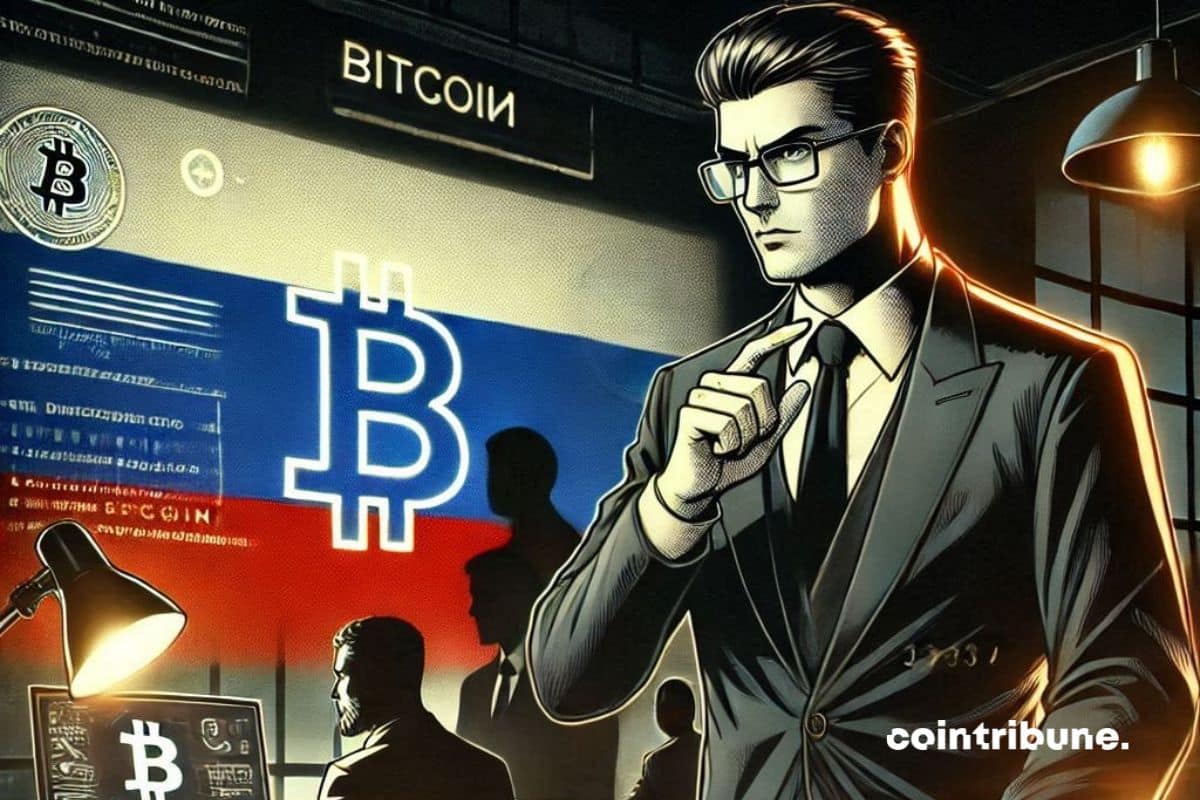 Serious Russian government agent in dark suit in front of crypto digital screen with bitcoin symbol.