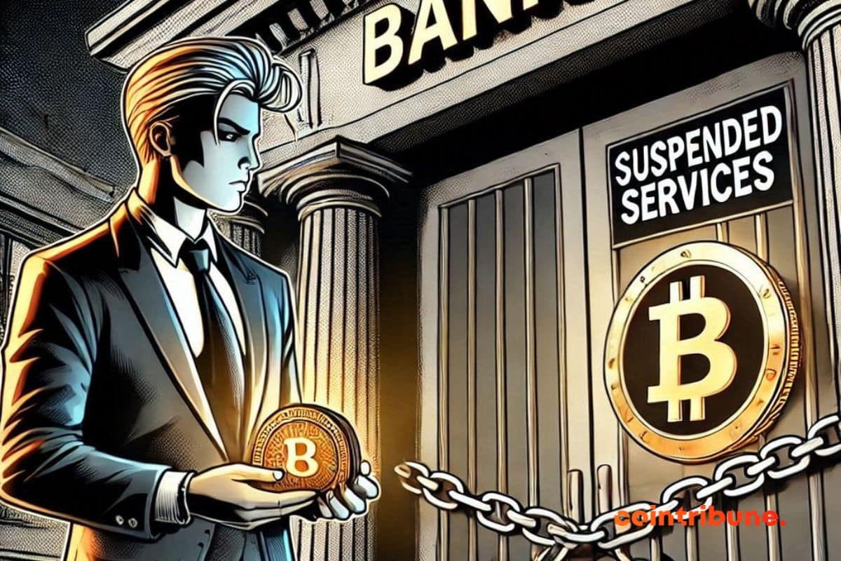 Crypto investor in front of a bank banned from transactions involving crypto