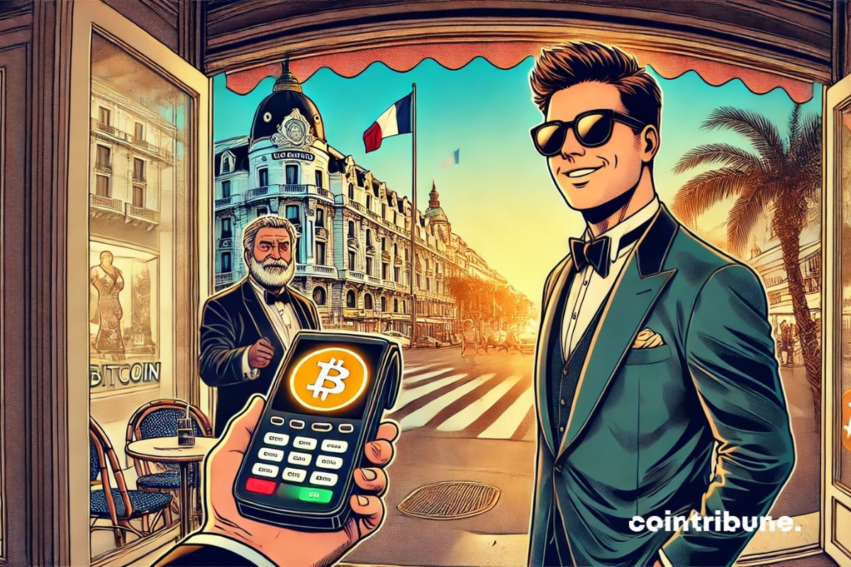 an elegant merchant and a tourist carrying out a crypto transaction in Cannes.