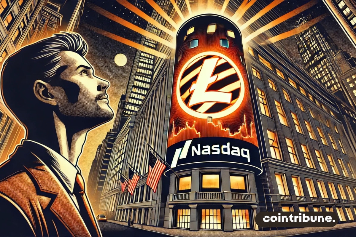 Le Litecoin sur l’immeuble du Nasdaq, un investisseur crypto regarde le bâtiment qui brille