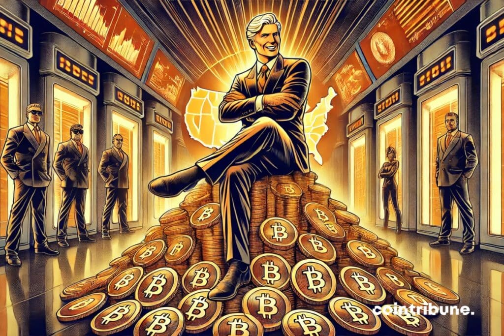 a blond man representing Donald Trump, confidently sitting on a pile of Bitcoin in a futuristic room filled with coins and financial screens.