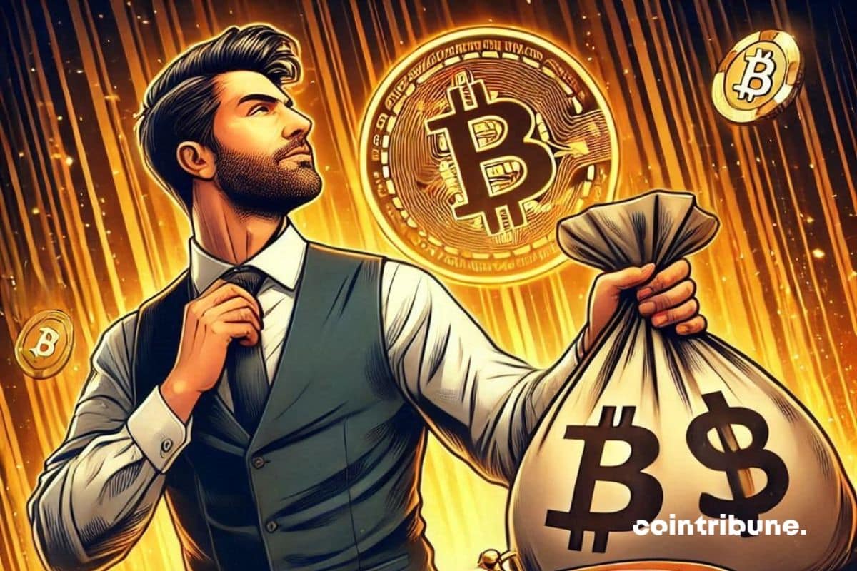 Un inversor en bitcoin que representa a MicroStrategy con una bolsa llena de dinero