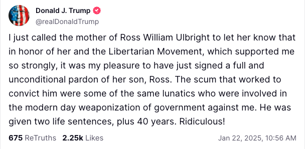 La décision de Trump de gracier Ulbricht ce 21 janvier 2025, a été influencée par le soutien du mouvement libertarien et de la communauté crypto, qui considéraient sa peine comme excessive. Le président a qualifié la sentence d’Ulbricht de « ridicule » et a critiqué les procureurs impliqués dans sa condamnation.