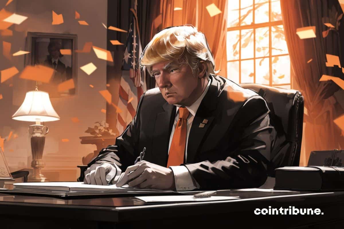 Donald Trump in his office signing the presidential pardon for Ross Ulbricht, founder of Silk Road