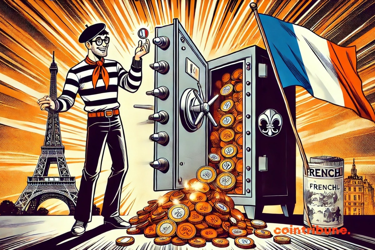 A Frenchman stands in front of a safe full of money, symbolizing the earnings from the Livret A savings account in 2024.