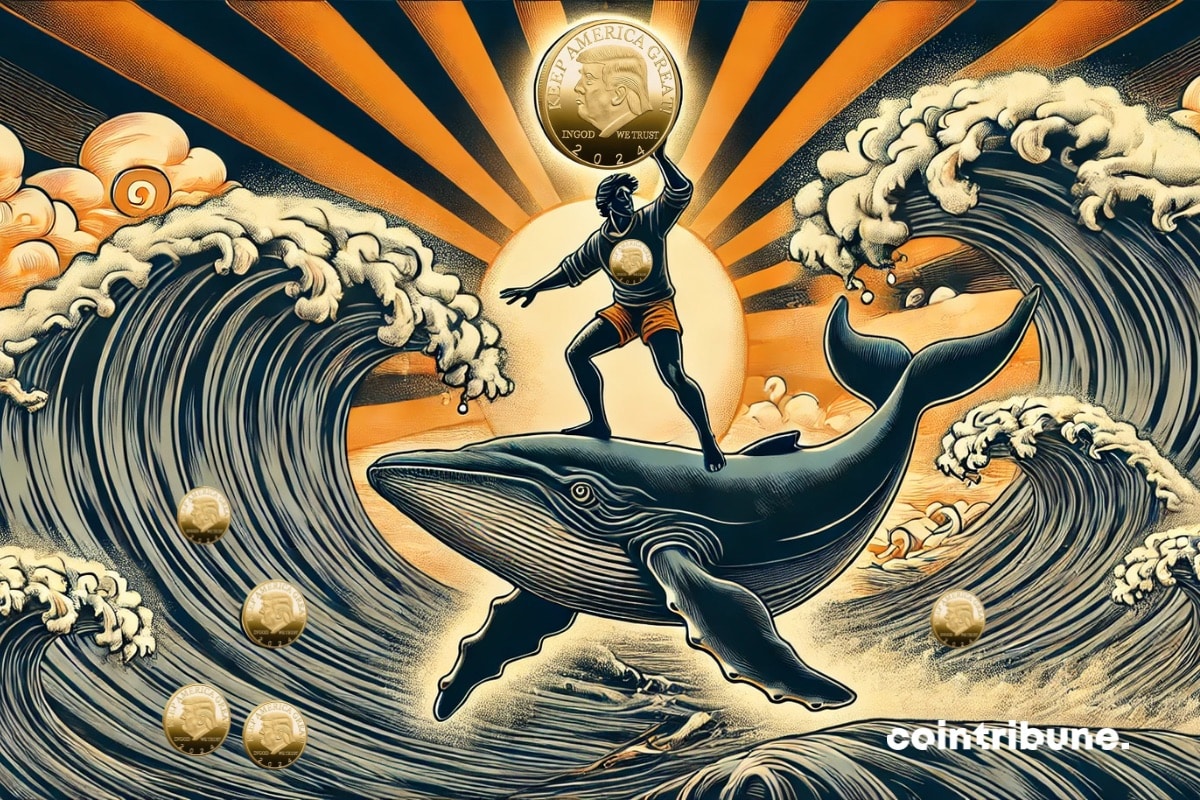 Crypto surfer on a whale holding Trump memecoins