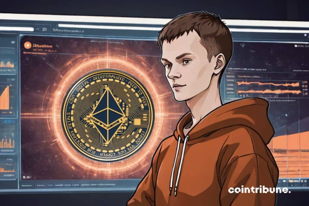 Vitalik Buterin in front of a screen with an Ethereum crypto coin