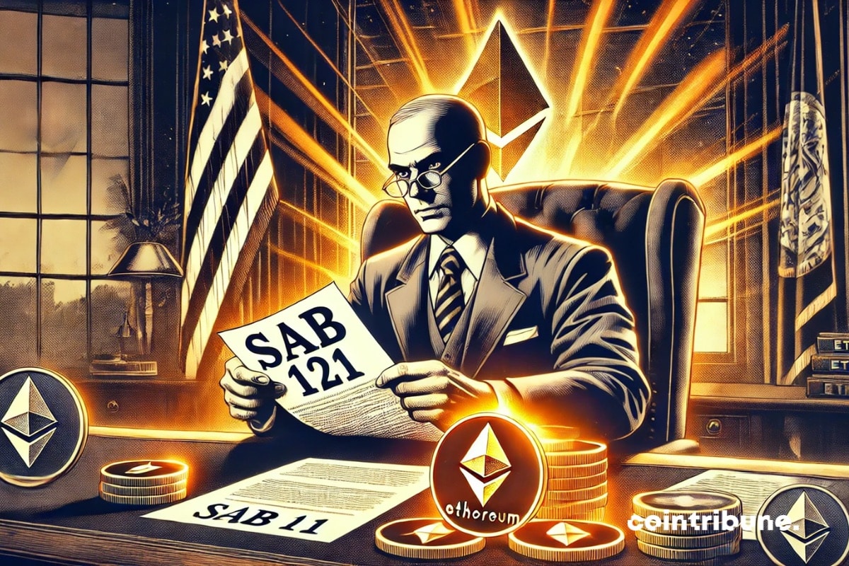 SEC chairman holding SAB 121 decision with crypto ethereum coins on table