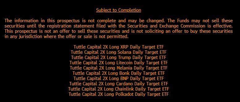 The ETFs proposed by Tuttle Capital include 2x leveraged funds to track the performance of various cryptos such as XRP, Solana, Litecoin, Cardano, Chainlink, Polkadot, BNP, Bonk, TRUMP, and MELANIA.