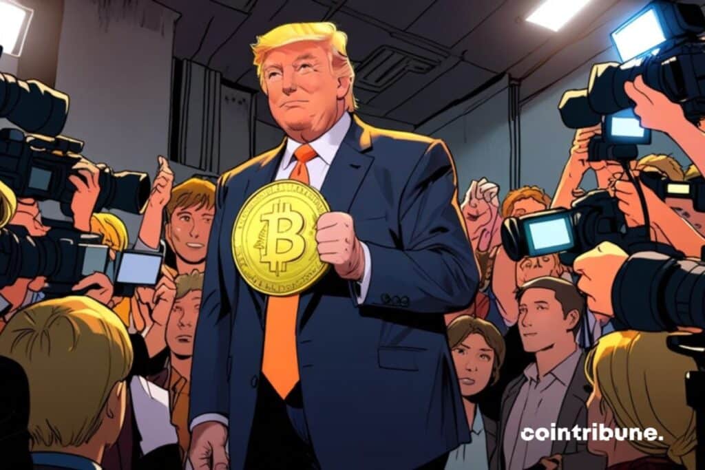 Donald Trump with crypto bitcoin in hand in front of the media