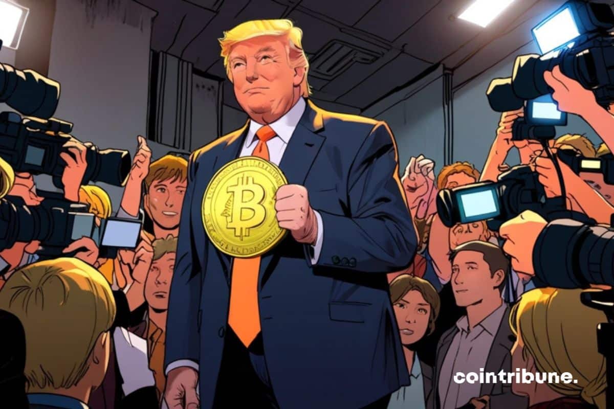 Donald Trump avec la crypto bitcoin en main devant les medias