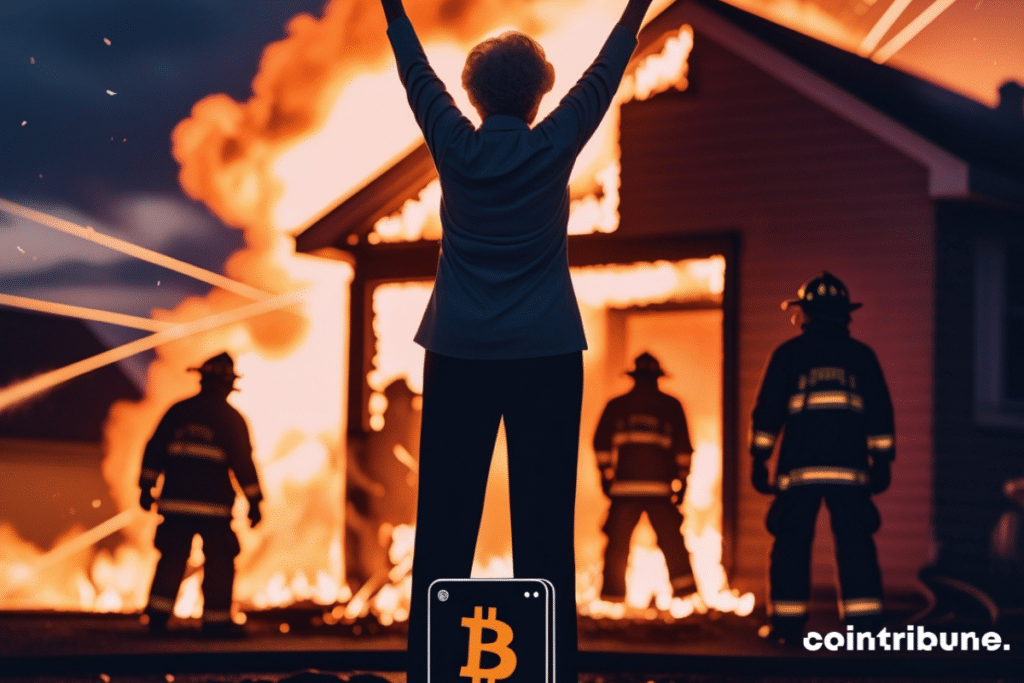 Femme âgé assistant à l'incendie de sa maison et wallet bitcoin