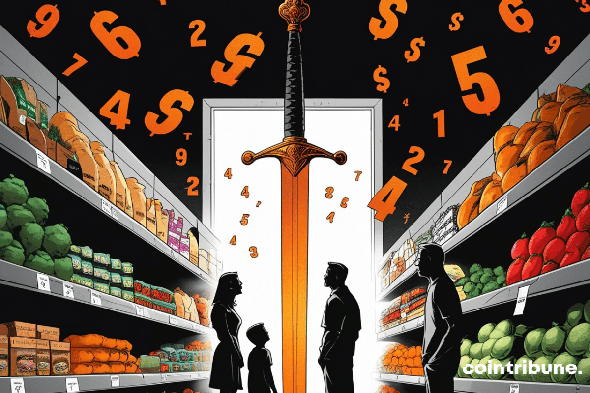 Family in a supermarket, flying numbers and an orange sword