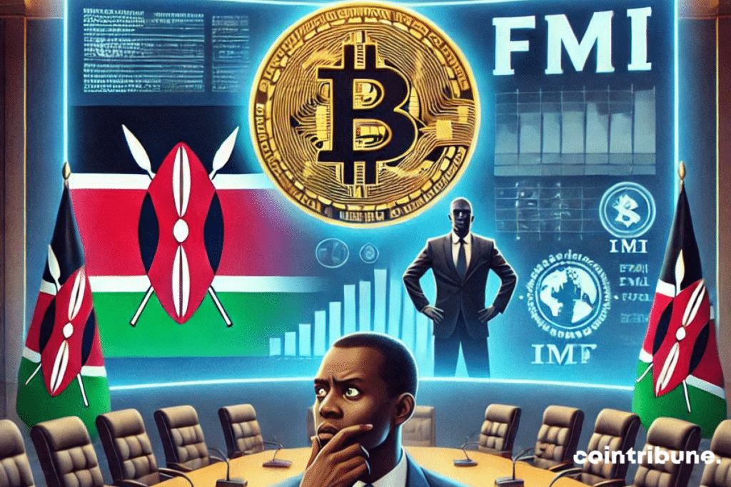 Conference room emblazoned with the bitcoin logo and the words IMF, featuring a Kenyan trader.