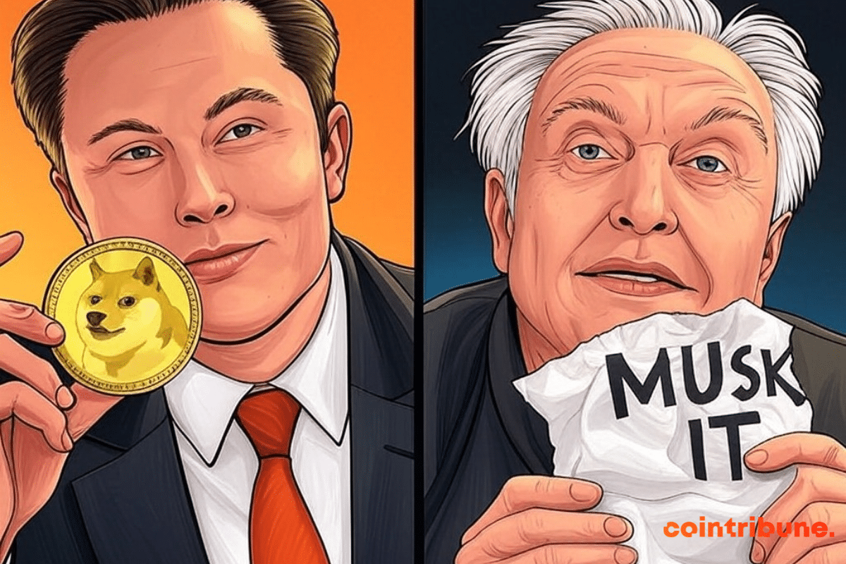 Elon Musk holding a Dogecoin coin and Errol Musk holding a crumpled paper Musk It