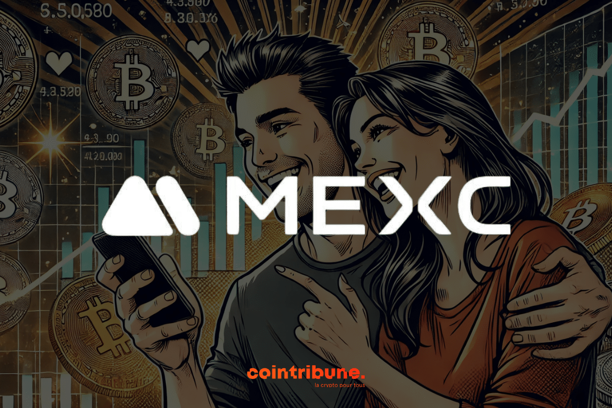 Un couple enthousiaste regarde un smartphone avec des graphiques de Bitcoin en arrière-plan, accompagné du logo MEXC en blanc.