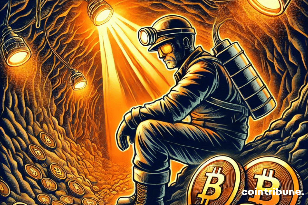 Miner sitting on one of Bitcoin's coins