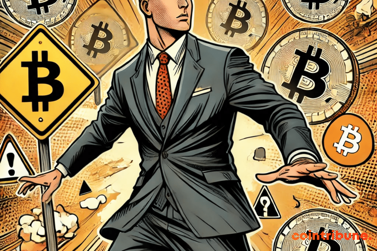 Un hombre con un elegante traje intenta mantener el equilibrio, rodeado de señales de advertencia y símbolos de Bitcoin. Esta escena refleja las advertencias y críticas dirigidas a Bitcoin por algunas figuras del sector financiero.