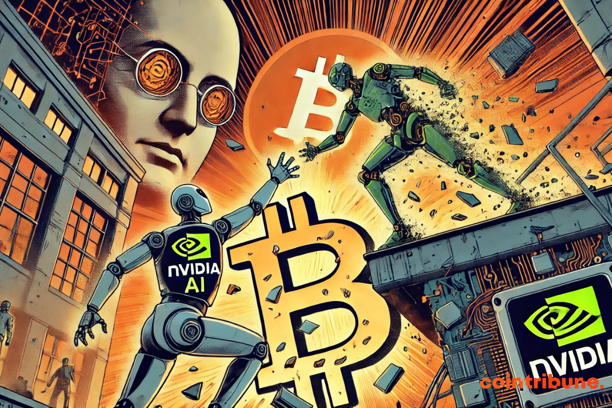 Robots de NVDIA y logotipo de bitcoin