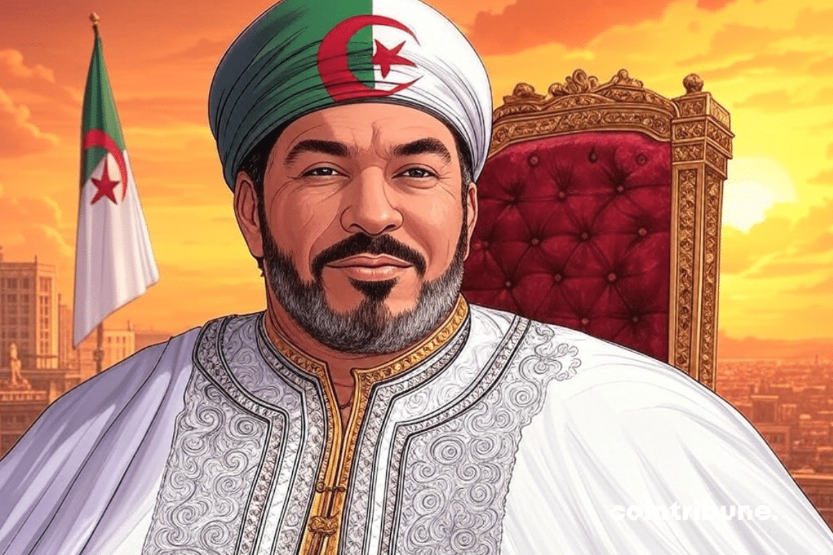 Portrait d'un homme souriant en tenue traditionnelle algérienne, portant un turban aux couleurs du drapeau algérien