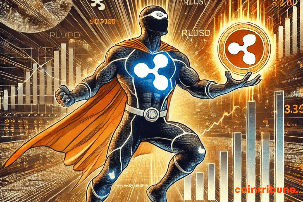 Personnage héro représentant Ripple et tenant une pièce de crypto RLUSD