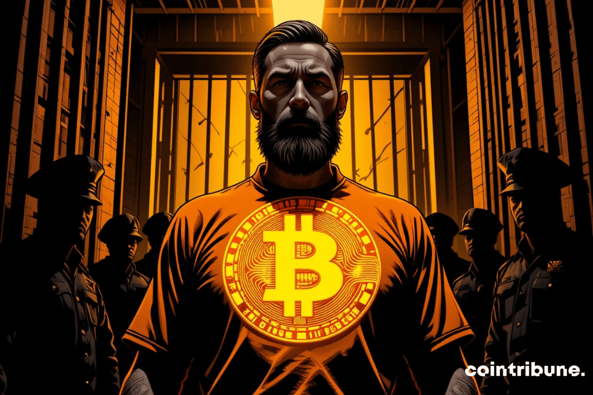 Illustration of Ross Ulbricht leaving prison wearing a Bitcoin logo garment.