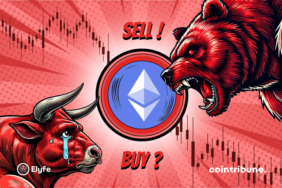 ETH logo on a blue or red background, with a bear and a blue bull with expressive eyes on each side. A chart appears in the background.