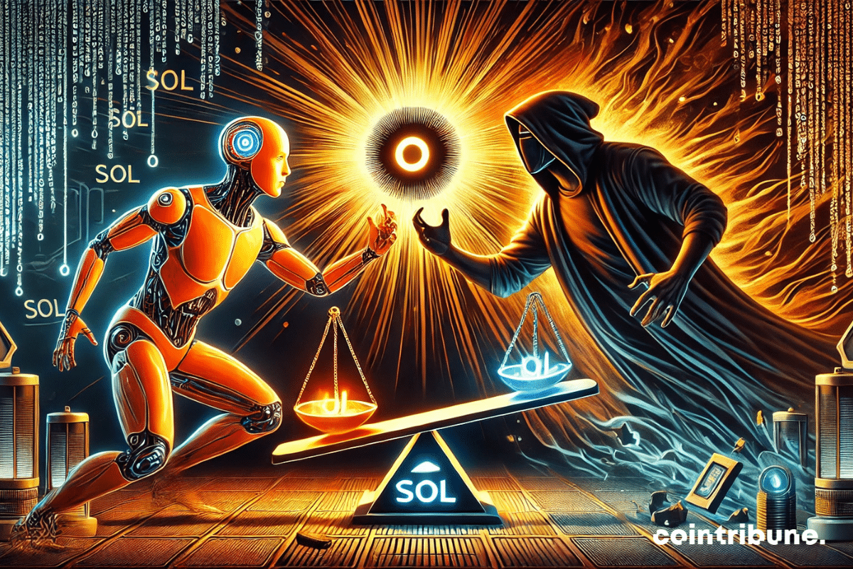 A symbolic battle between an AI humanoid and a hacker, on a board representing crypto.