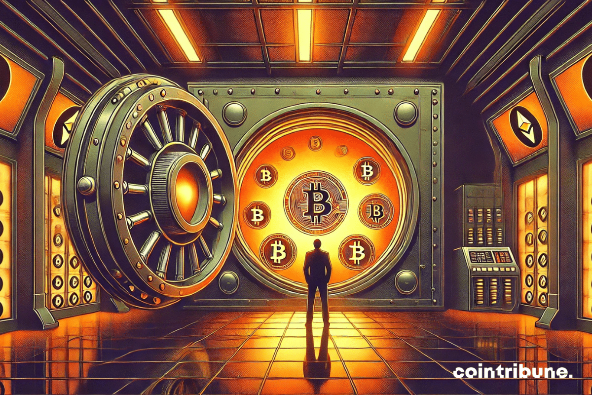 Frontal view of a massive safe in the middle of a futuristic and bright environment. The safe is slightly ajar, emitting an intense light that illuminates floating cryptocurrency symbols (Bitcoin, Ethereum, etc.). The angle is slightly low-angle to emphasize its monumental aspect.