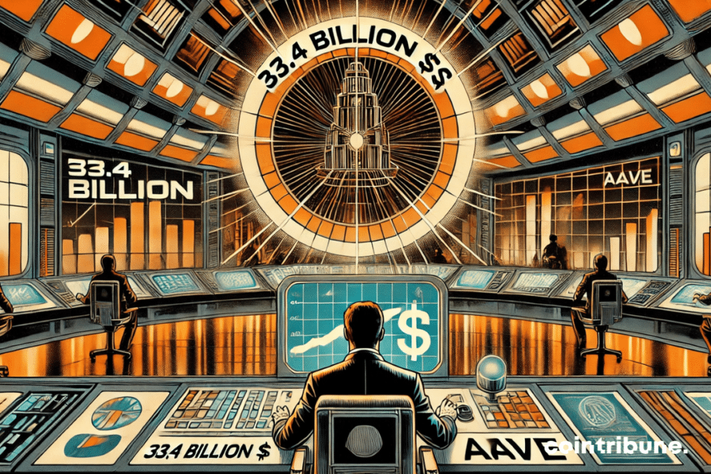 Immersive interior view of a high-tech crypto control room, with a slightly tilted angle to capture the intensity and modernity of the scene. Dominant floating holographic screens prominently display '33.4 billion $' and the Aave logo