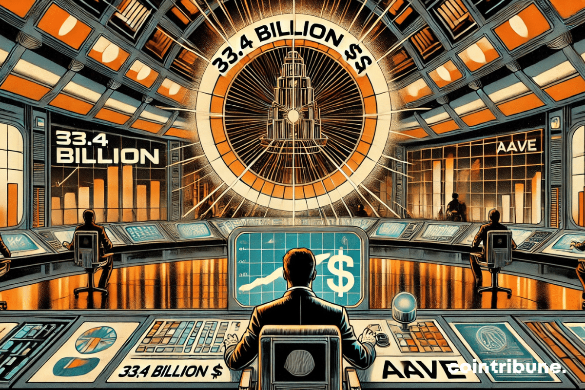 Immersive interior view of a high-tech crypto control room, with a slightly tilted angle to capture the intensity and modernity of the scene. Dominant floating holographic screens prominently display '33.4 billion $' and the Aave logo