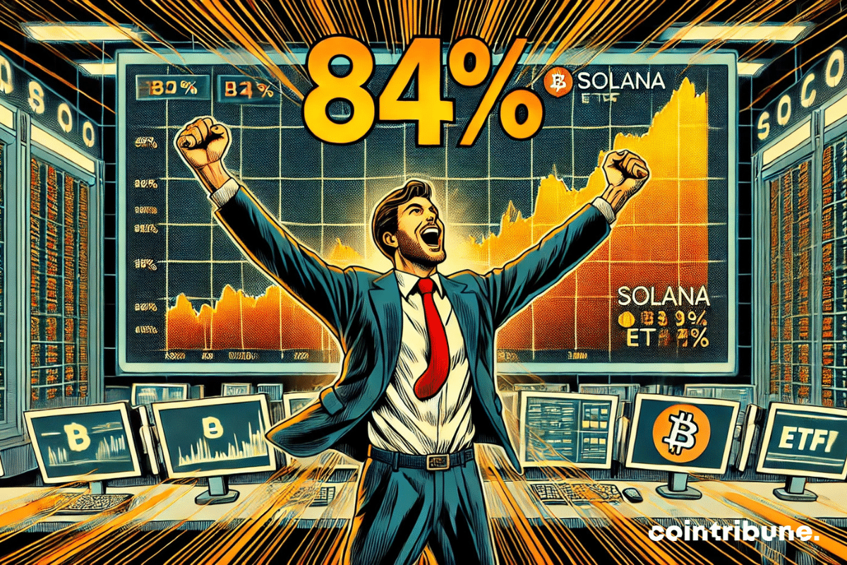 Close-up of a trader in a suit, raising his arms in victory in front of a screen displaying a rising Solana chart and a glowing '84%'.