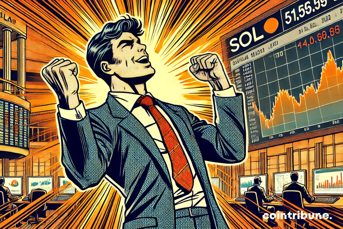 Un trader exulta al ver el gráfico de Solana explotar al alza.