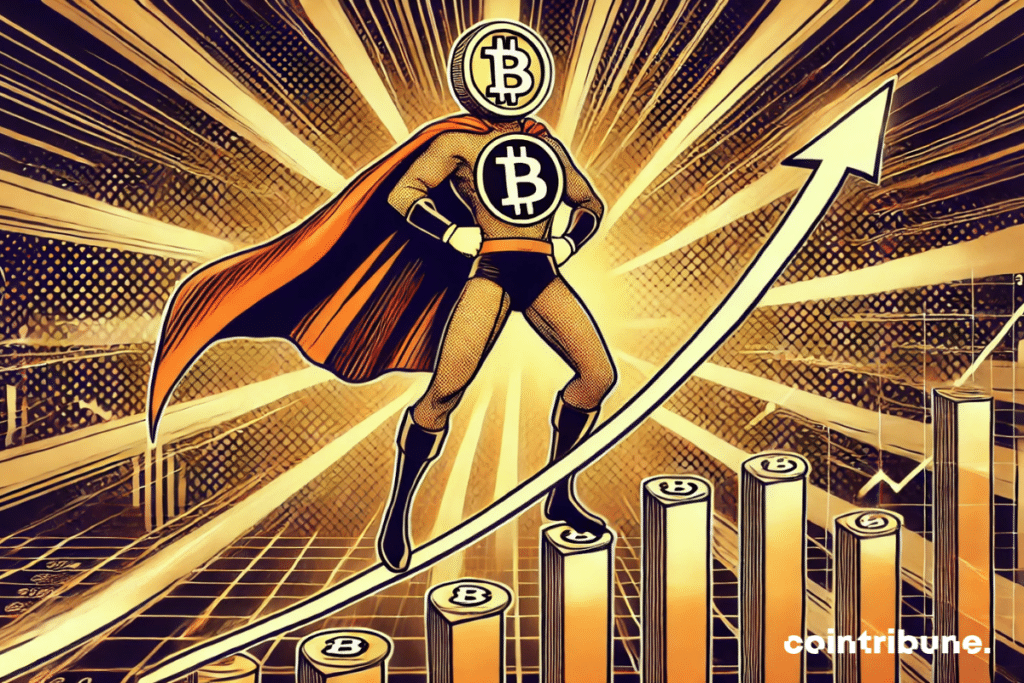 A superhero Bitcoin with a dynamic cape, triumphing over a sharply rising financial chart.