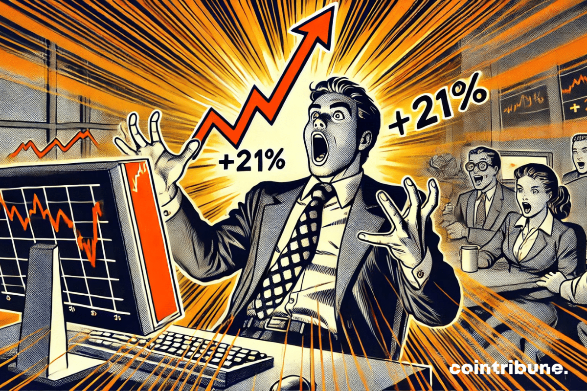 Un trader crypto en costume, exalté devant son écran affichant une hausse spectaculaire du Dogecoin (+21 %).