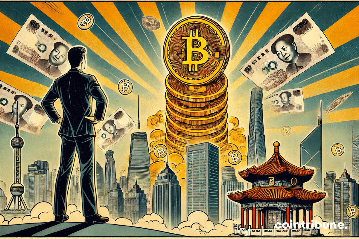 A Chinese investor watching a massive Bitcoin tower rise above a Chinese city, with yuan banknotes floating in the air, symbolizing economic change.