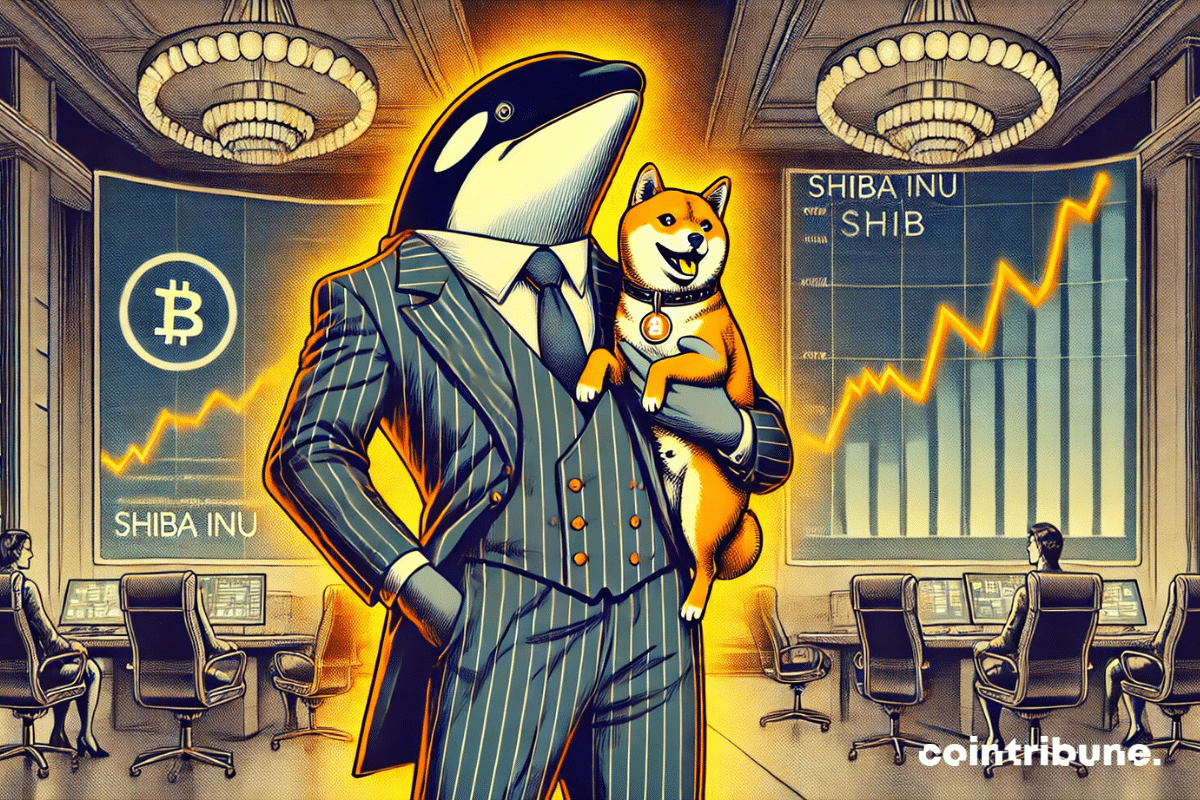 Une baleine anthropomorphe en costume luxueux, tenant une crypto Shiba Inu doré et lumineux, avec en arrière-plan un graphique SHIB en forte hausse.